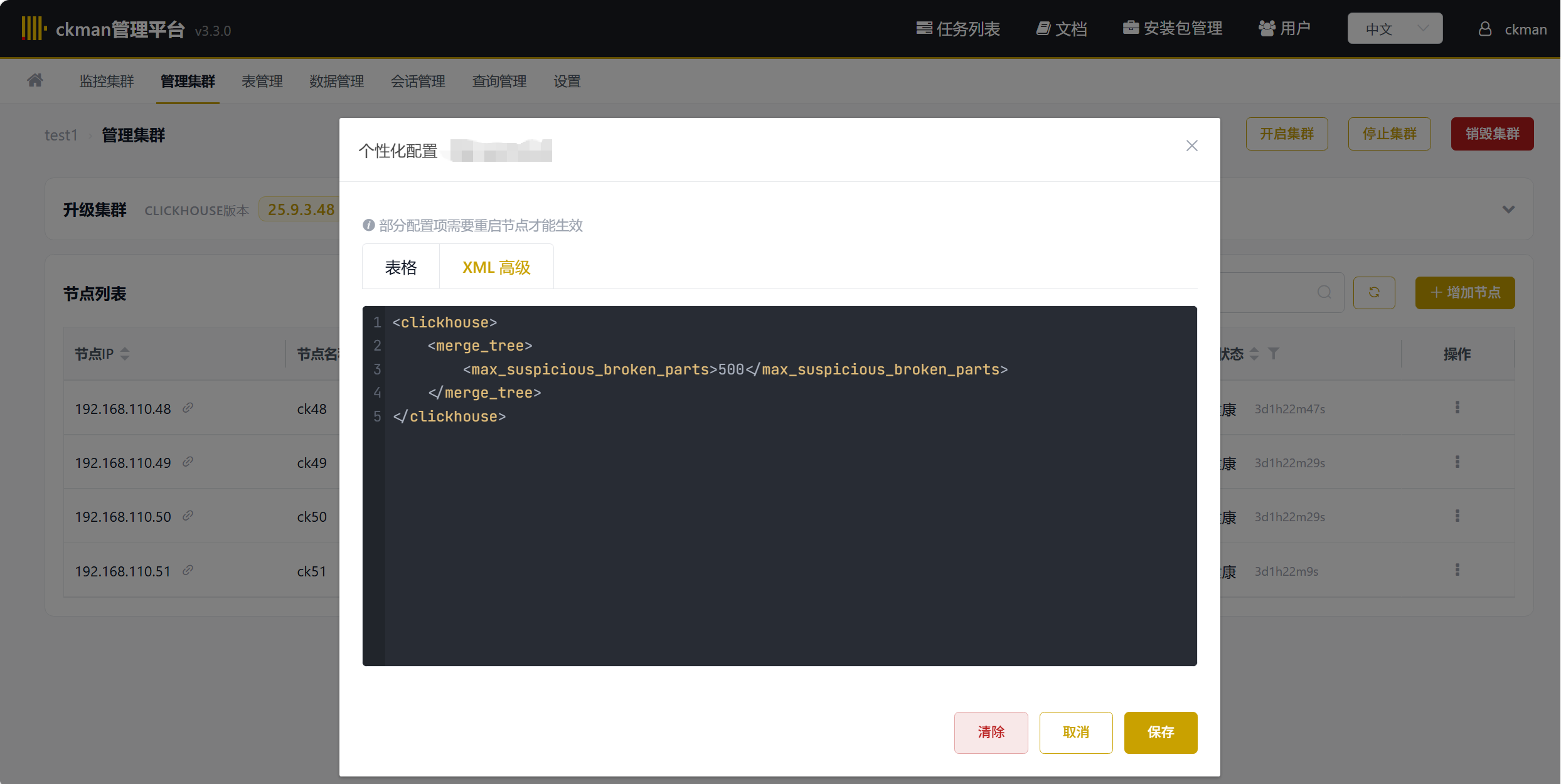 单节点个性化配置 — 「表格 / XML 高级」双 tab，XML 编辑器深色主题